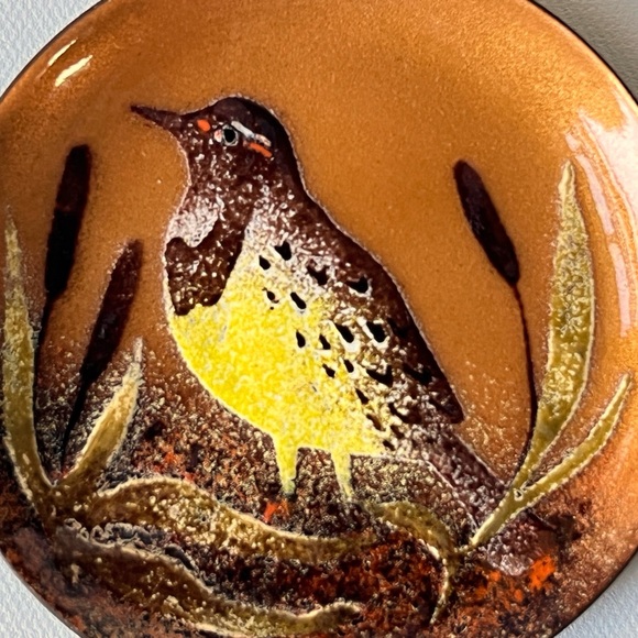 Vintage Mid Century Brotmans or Bovano Copper Enamel Cat Tails Bird Trinket Dish - Picture 4 of 6